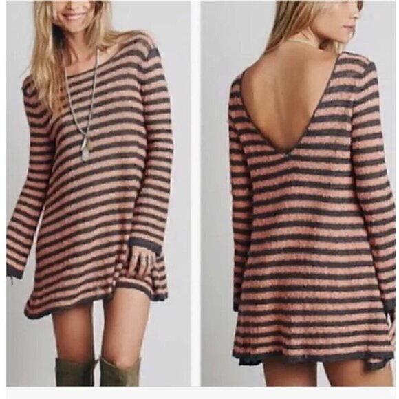 Free People Striped Long-Sleeve Knit Tunic Dress, Deep V-Back In Orange Black,XS - Picture 1 of 10